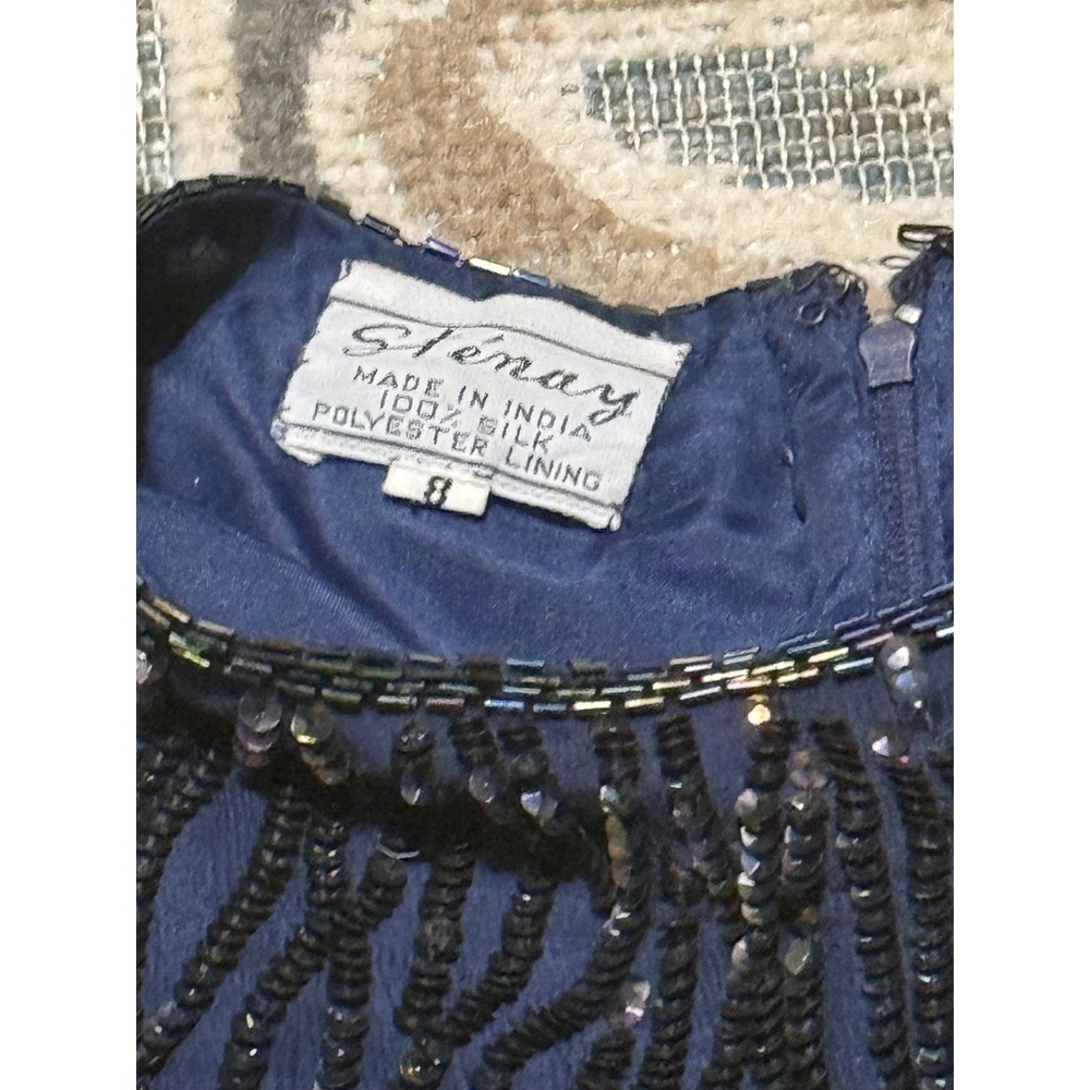 Vintage Stenay Silk Beaded Sequin Cocktail Dress Navy Blue Short Sleeve Size 8 - Picture 3 of 7